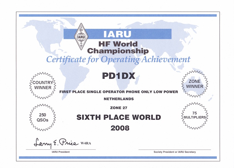 2008 IARU HF Champ SO SSB LP 6th World PD1DX 2008
